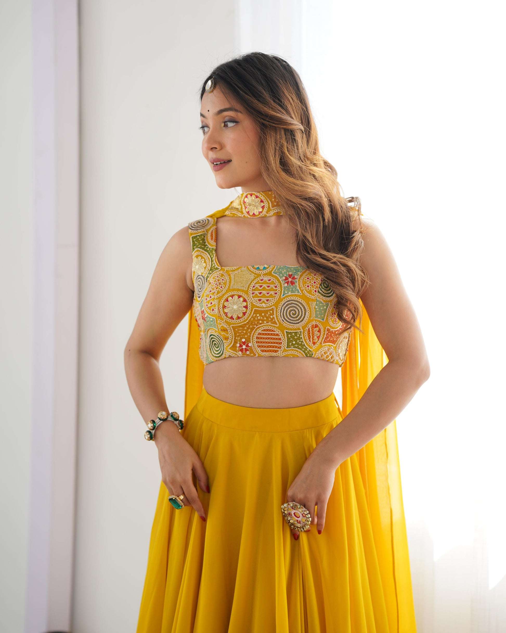 Amazing Yellow Pure Soft Faux Georgette Fully Stitched Lehenga Choli Set - INDIAN ELEGANCE