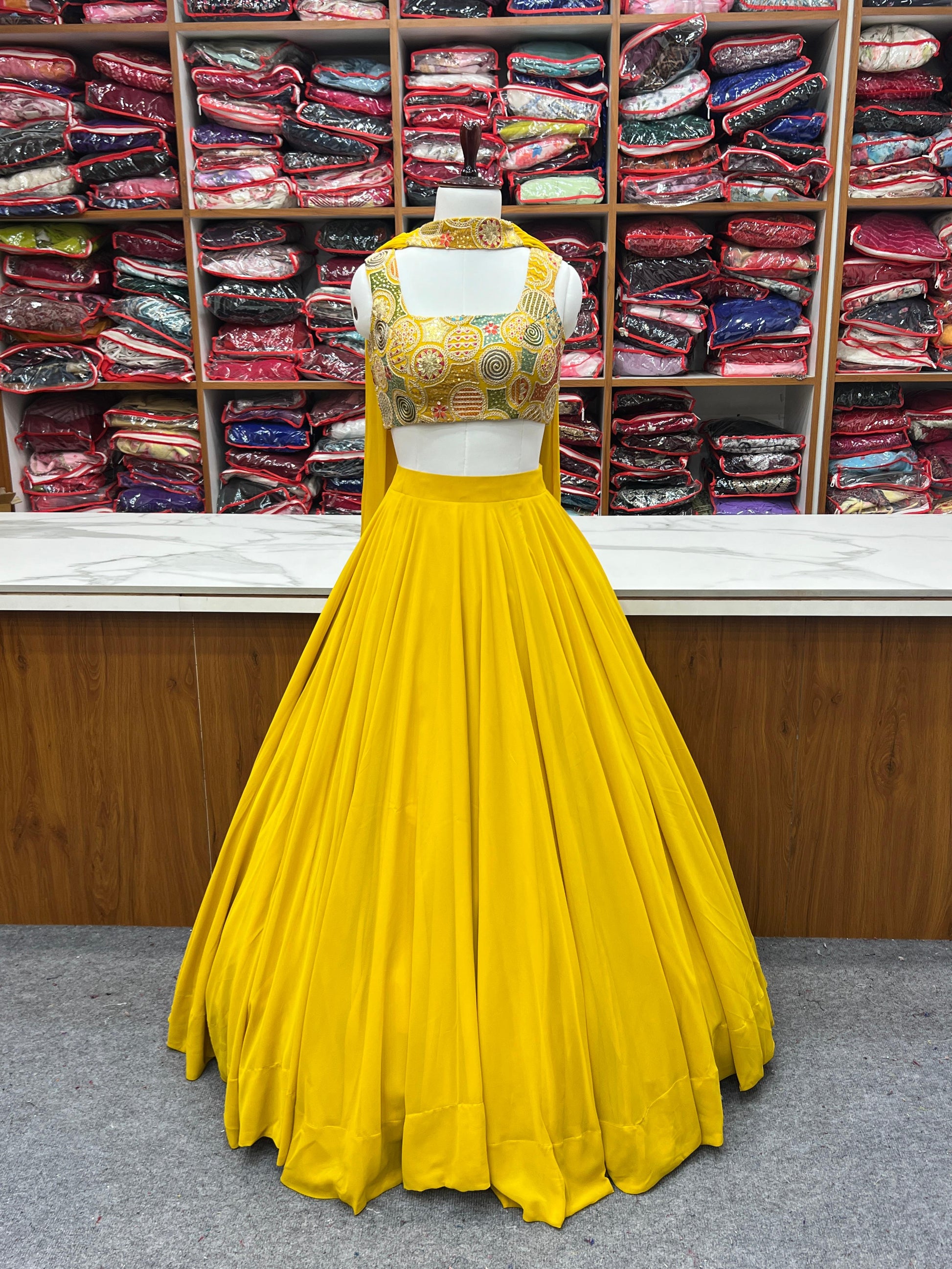 Amazing Yellow Pure Soft Faux Georgette Fully Stitched Lehenga Choli Set - INDIAN ELEGANCE