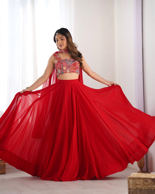 Fabulous Red Pure Soft Faux Georgette Fully Stitched Lehenga Choli Set - INDIAN ELEGANCE