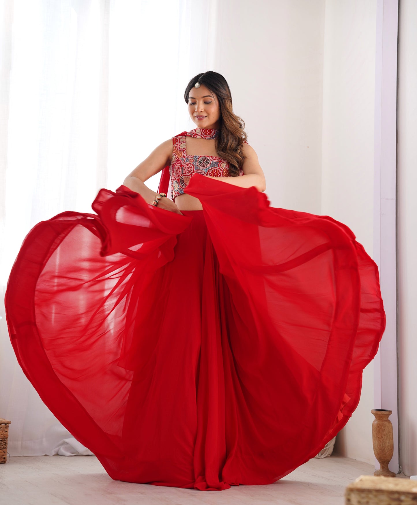 Fabulous Red Pure Soft Faux Georgette Fully Stitched Lehenga Choli Set - INDIAN ELEGANCE