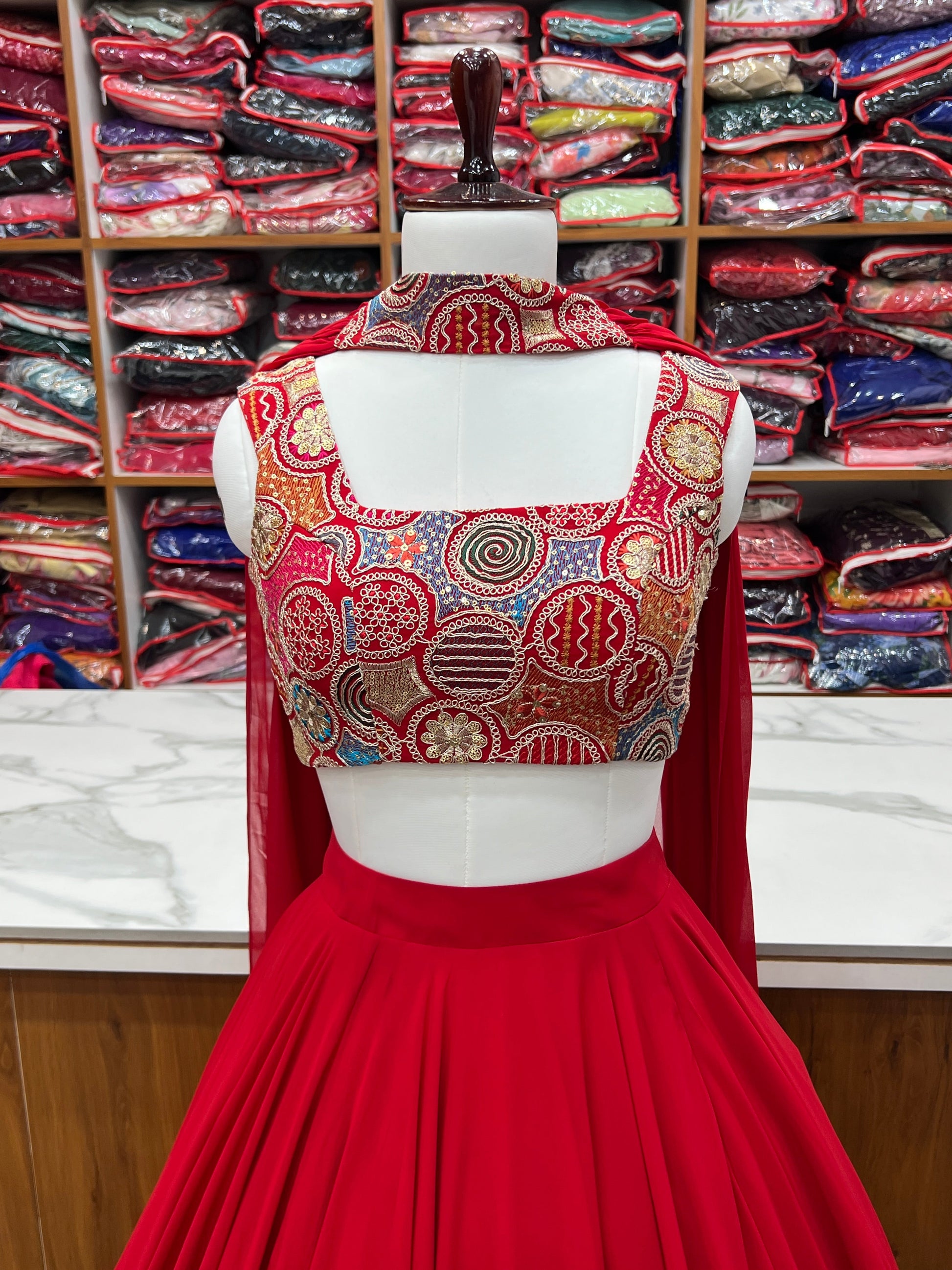 Fabulous Red Pure Soft Faux Georgette Fully Stitched Lehenga Choli Set - INDIAN ELEGANCE