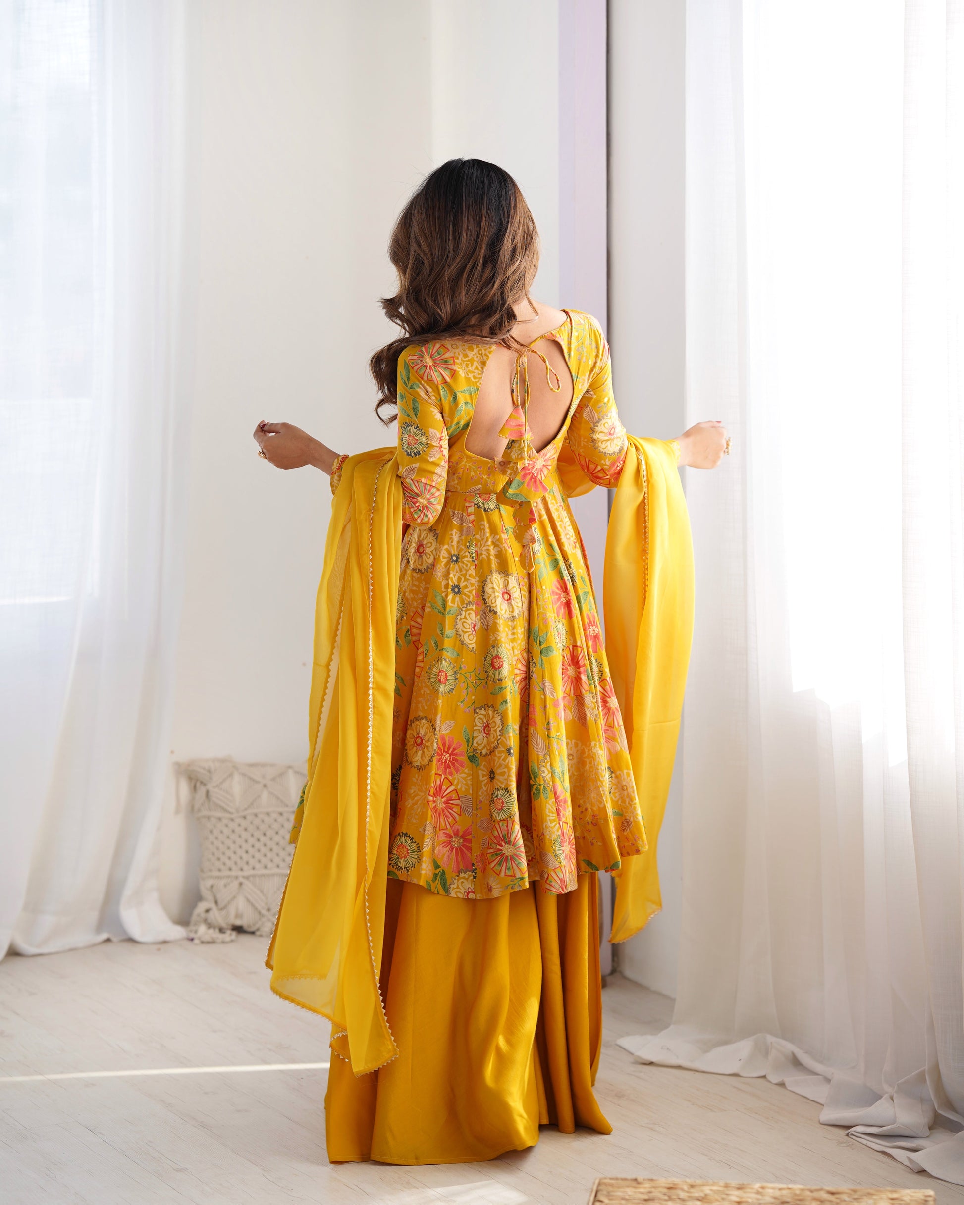 Yellow Pure Soft Roman Silk Kediya Kurta Palazzo Set - INDIAN ELEGANCE