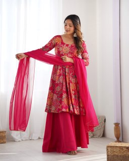 Floral Printed Roman Silk Sharara Suit with Matching Dupatta