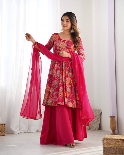Floral Printed Roman Silk Sharara Suit with Matching Dupatta
