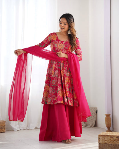 Floral Printed Roman Silk Sharara Suit with Matching Dupatta