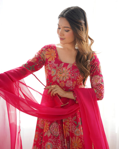 Floral Printed Roman Silk Sharara Suit with Matching Dupatta