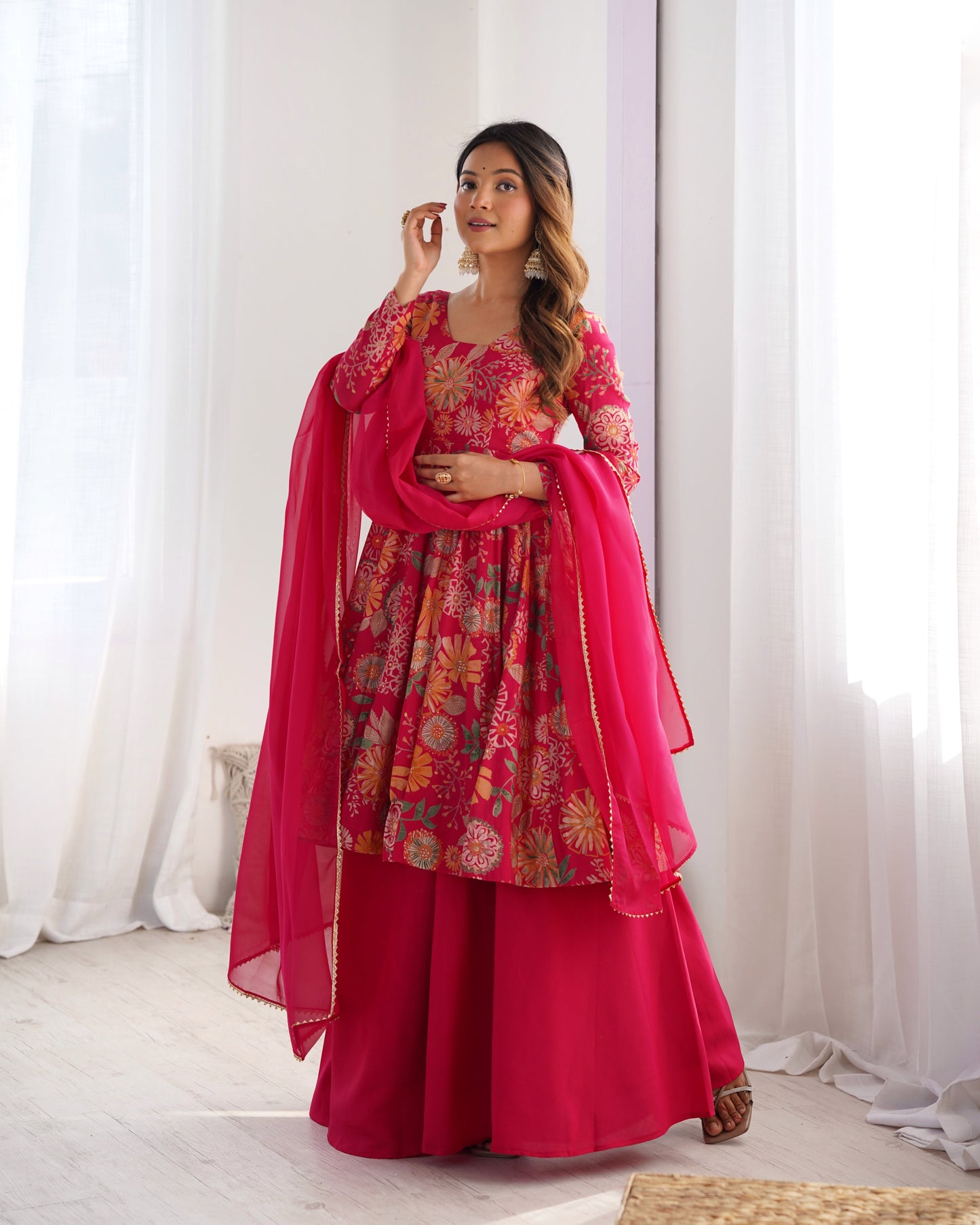 Floral Printed Roman Silk Sharara Suit with Matching Dupatta