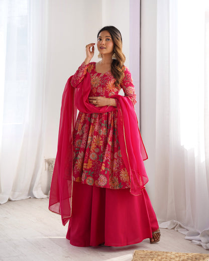 Floral Printed Roman Silk Sharara Suit with Matching Dupatta