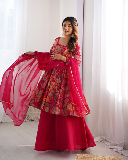 Floral Printed Roman Silk Sharara Suit with Matching Dupatta