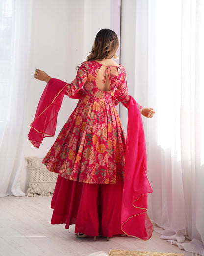 Floral Printed Roman Silk Sharara Suit with Matching Dupatta