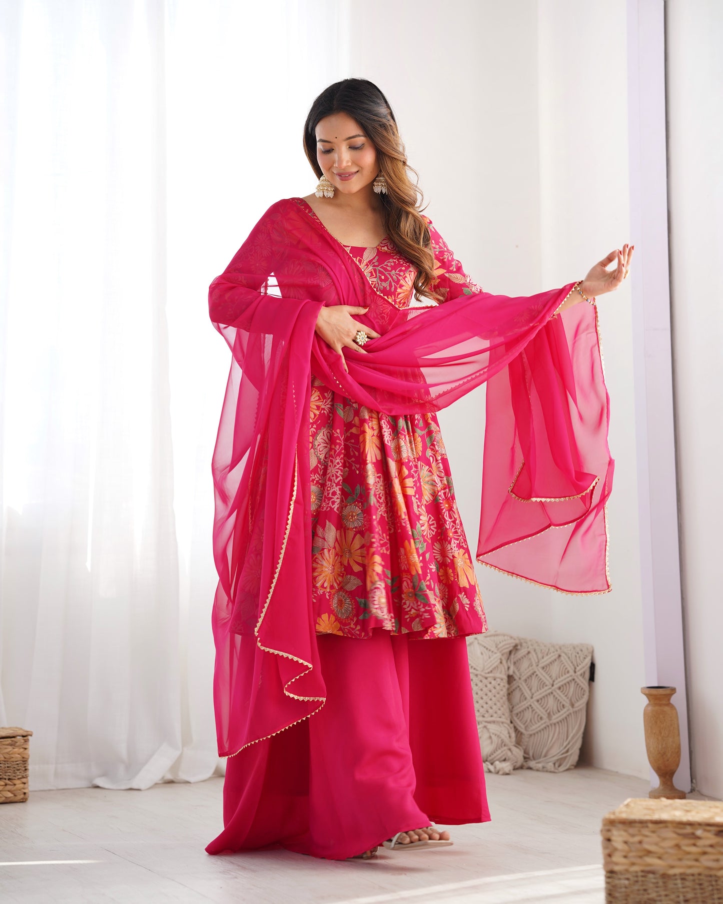 Floral Printed Roman Silk Sharara Suit with Matching Dupatta