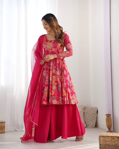 Floral Printed Roman Silk Sharara Suit with Matching Dupatta