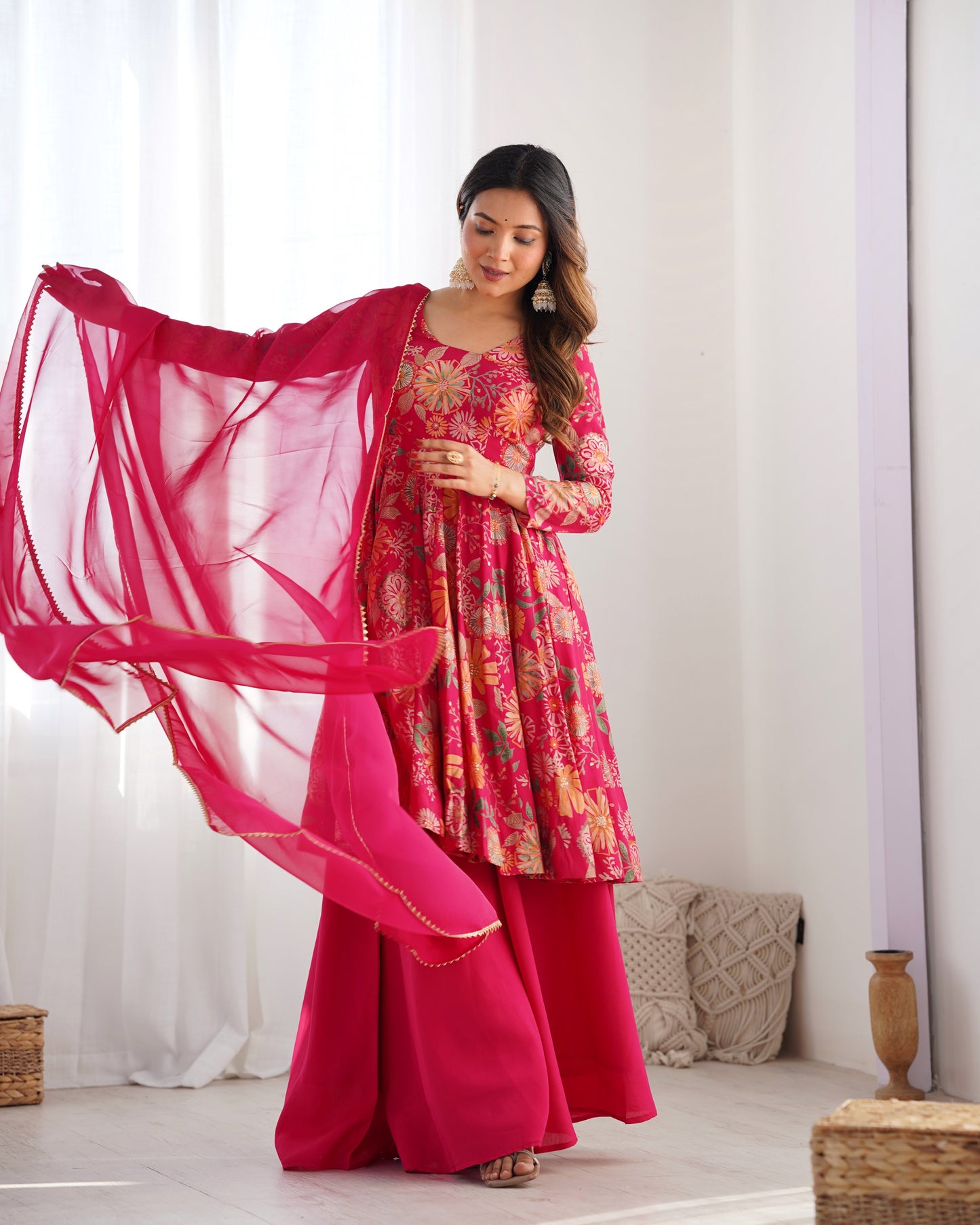 Floral Printed Roman Silk Sharara Suit with Matching Dupatta