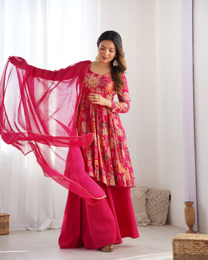 Floral Printed Roman Silk Sharara Suit with Matching Dupatta
