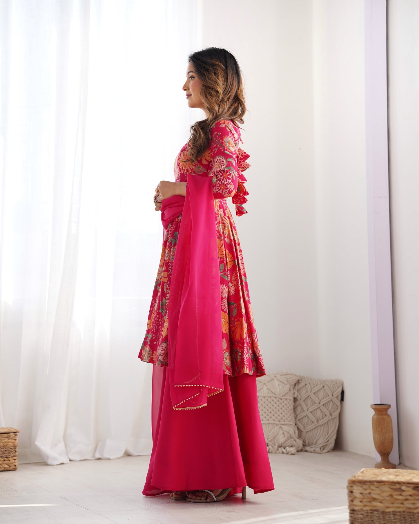 Floral Printed Roman Silk Sharara Suit with Matching Dupatta