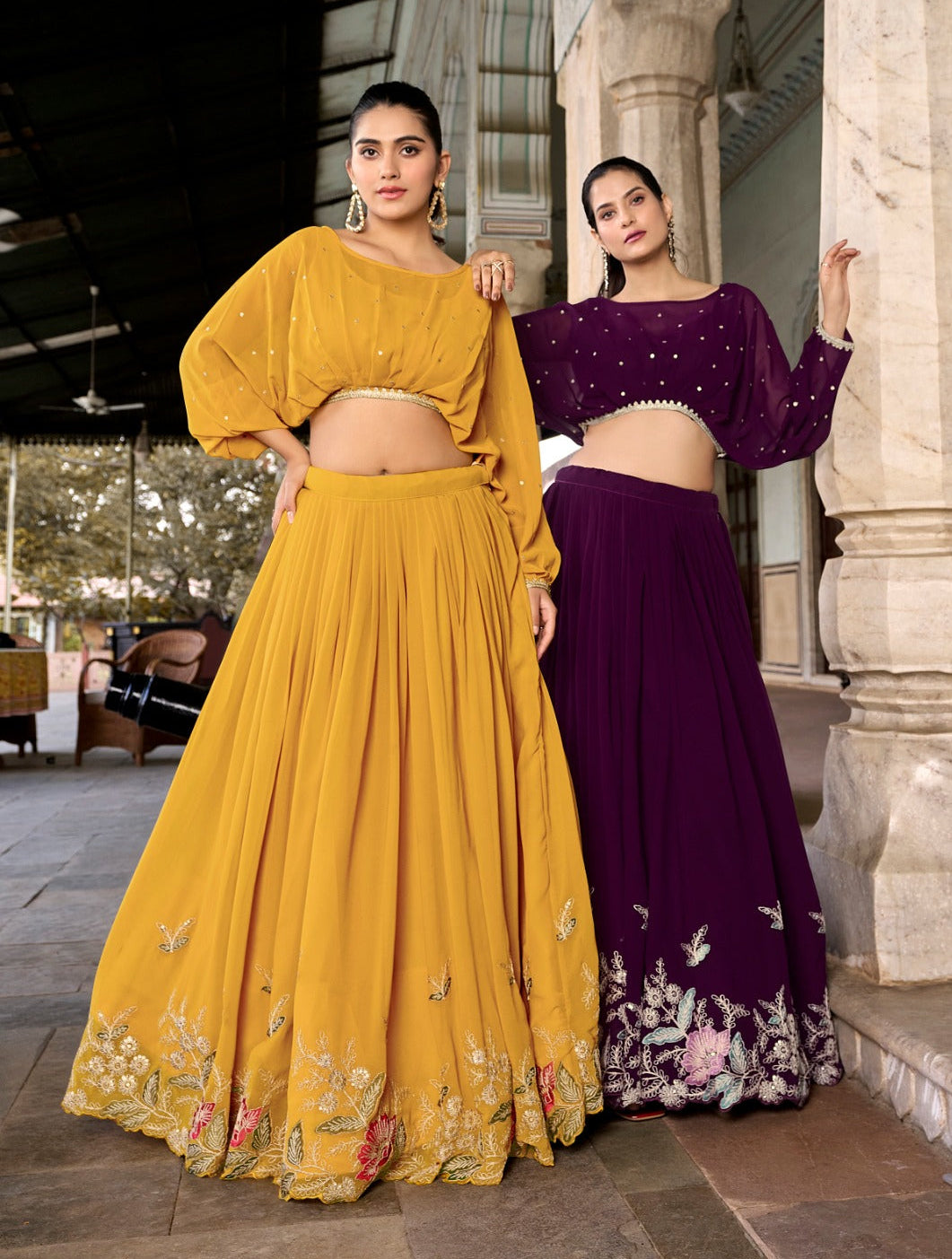 Elegant Georgette Sequins Butti Lace Border Worked Top Lehenga Set - INDIAN ELEGANCE