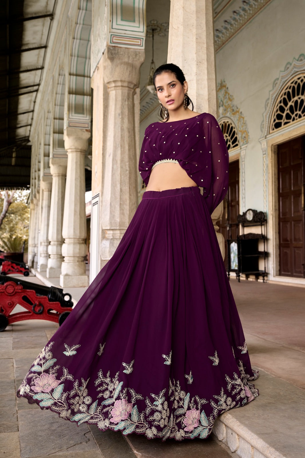 Elegant Georgette Sequins Butti Lace Border Worked Top Lehenga Set - INDIAN ELEGANCE