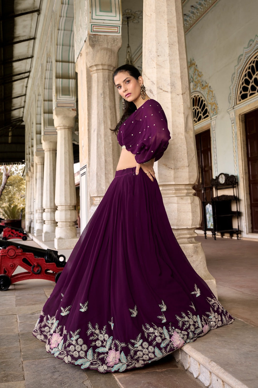 Elegant Georgette Sequins Butti Lace Border Worked Top Lehenga Set - INDIAN ELEGANCE