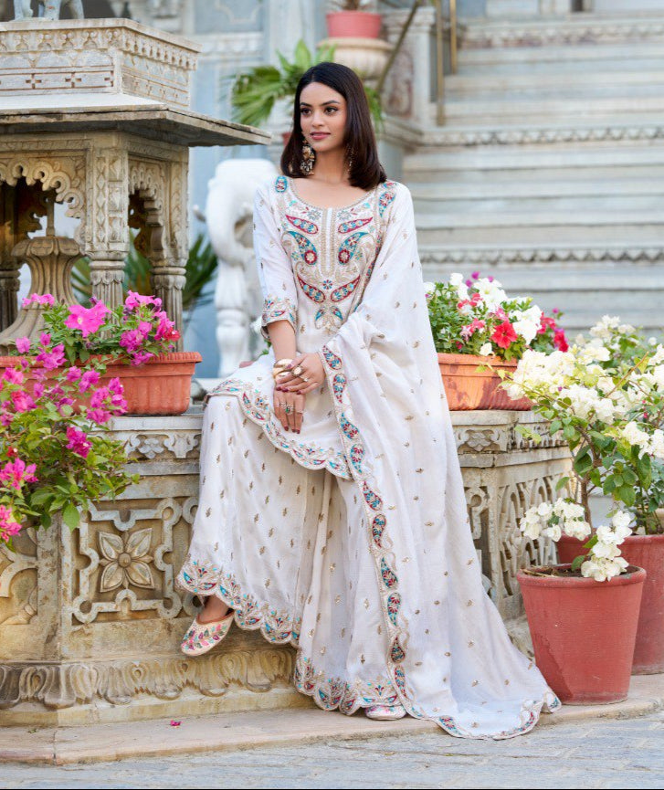 Spellbinding White Vichitra Silk Sequins Thread Worked Top Sharara Suit - INDIAN ELEGANCE