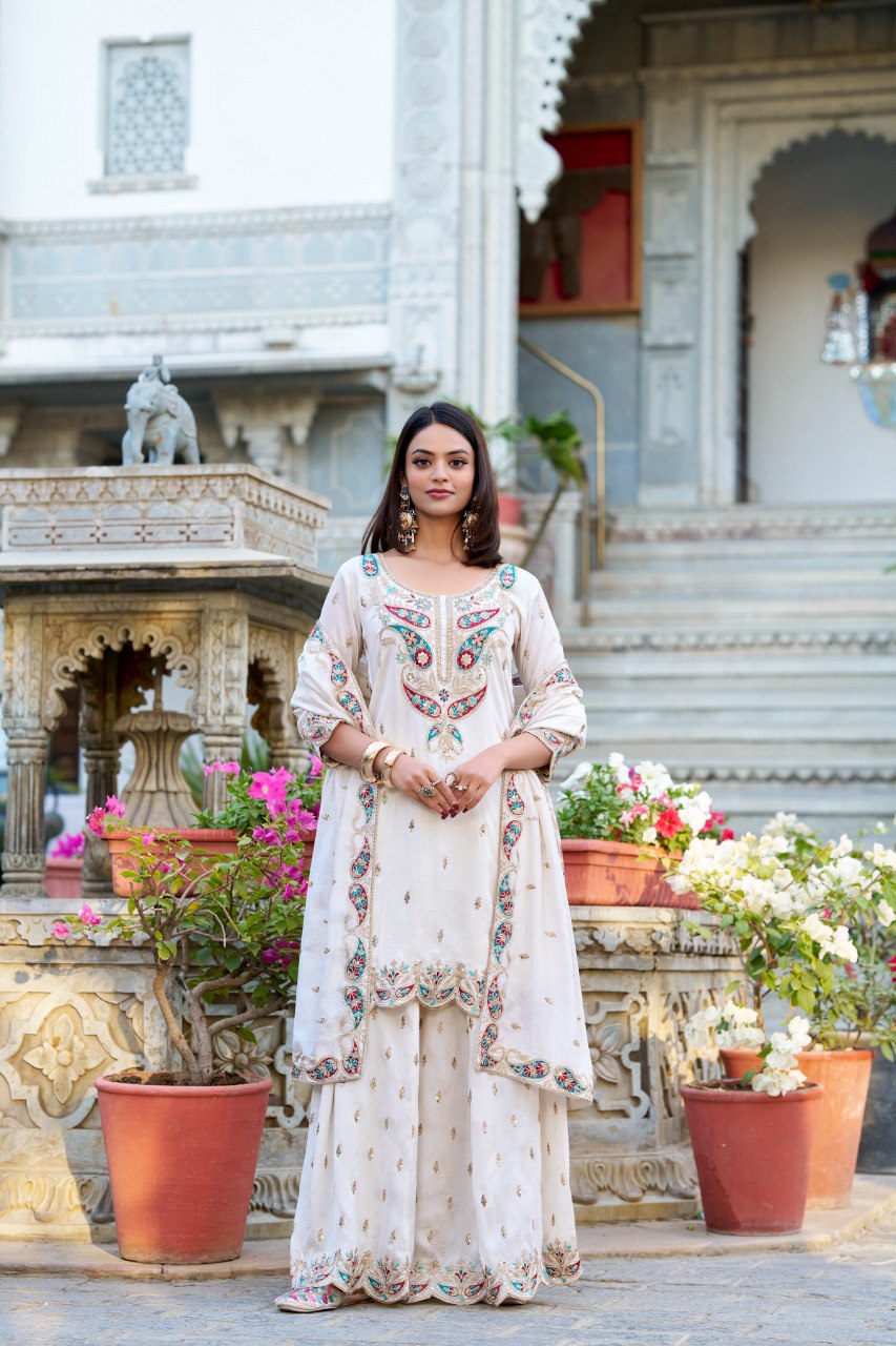Spellbinding White Vichitra Silk Sequins Thread Worked Top Sharara Suit - INDIAN ELEGANCE