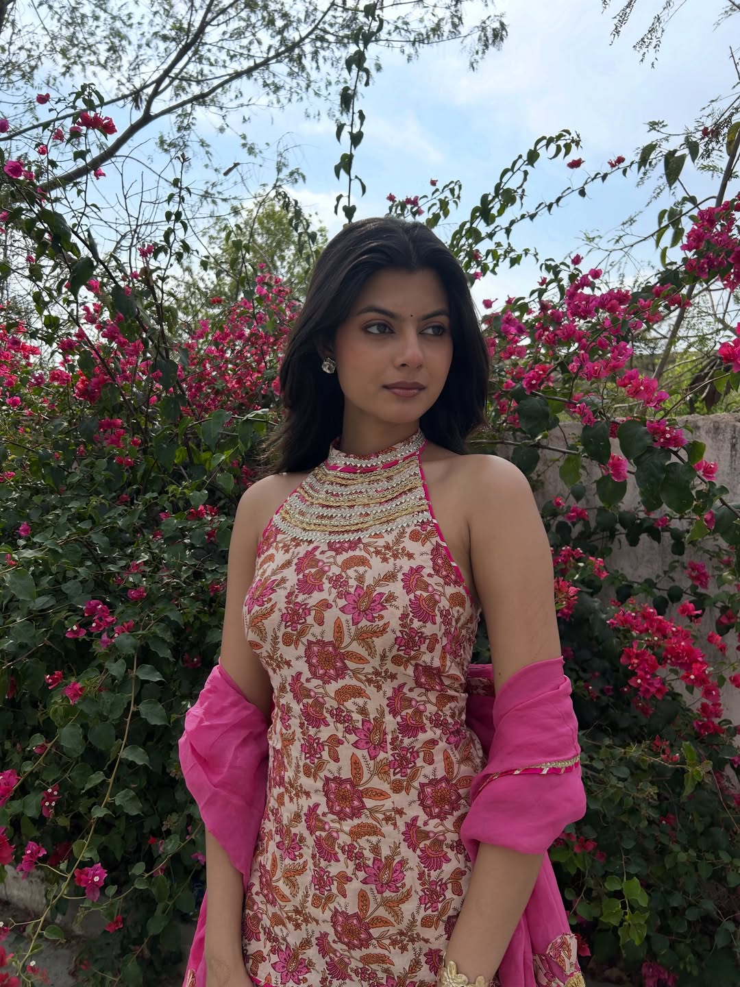 Pink Cotton Floral Sharara Set With Orgaanza Dupatta