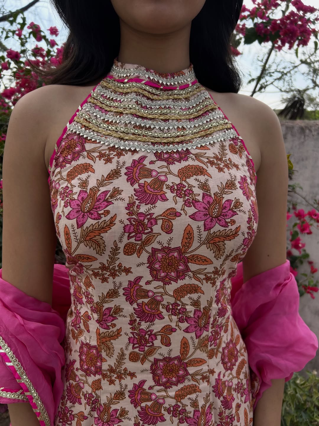 Pink Cotton Floral Sharara Set With Orgaanza Dupatta