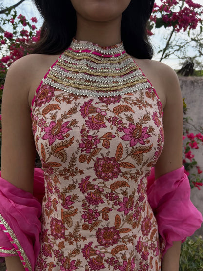 Pink Cotton Floral Sharara Set With Orgaanza Dupatta