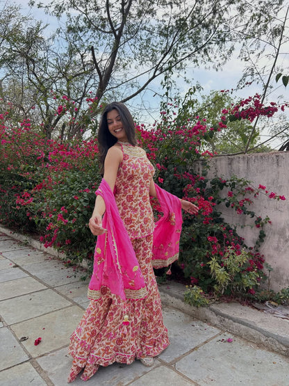 Pink Cotton Floral Sharara Set With Orgaanza Dupatta