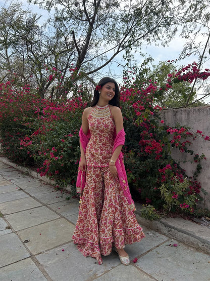 Pink Cotton Floral Sharara Set With Orgaanza Dupatta