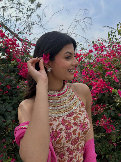 Pink Cotton Floral Sharara Set With Orgaanza Dupatta