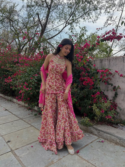 Pink Cotton Floral Sharara Set With Orgaanza Dupatta