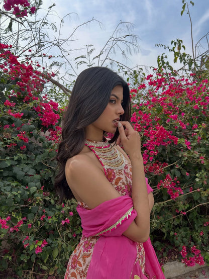 Pink Cotton Floral Sharara Set With Orgaanza Dupatta