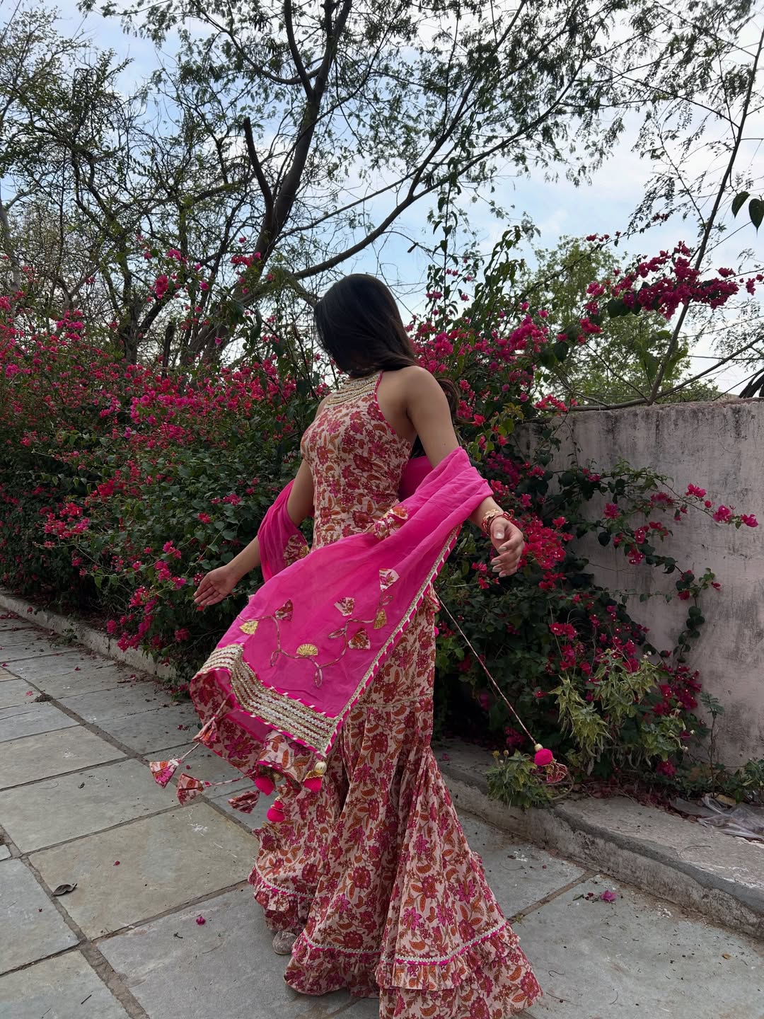 Pink Cotton Floral Sharara Set With Orgaanza Dupatta
