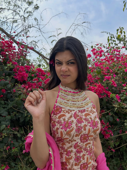 Pink Cotton Floral Sharara Set With Orgaanza Dupatta