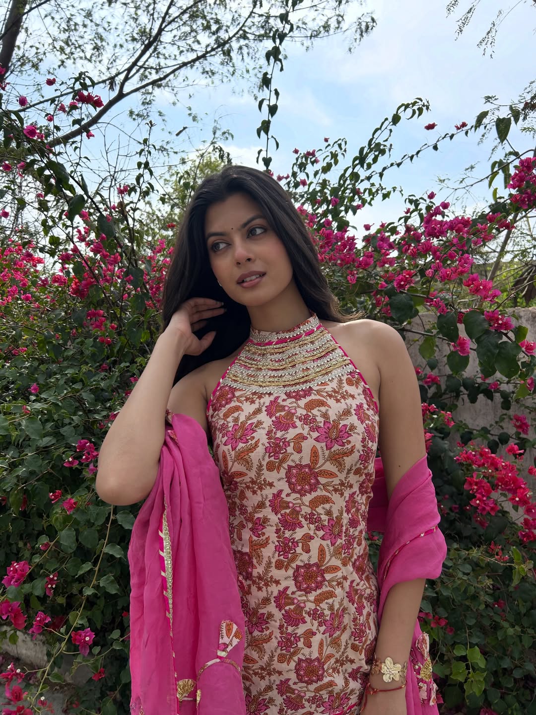 Pink Cotton Floral Sharara Set With Orgaanza Dupatta