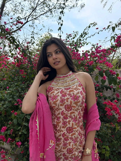 Pink Cotton Floral Sharara Set With Orgaanza Dupatta