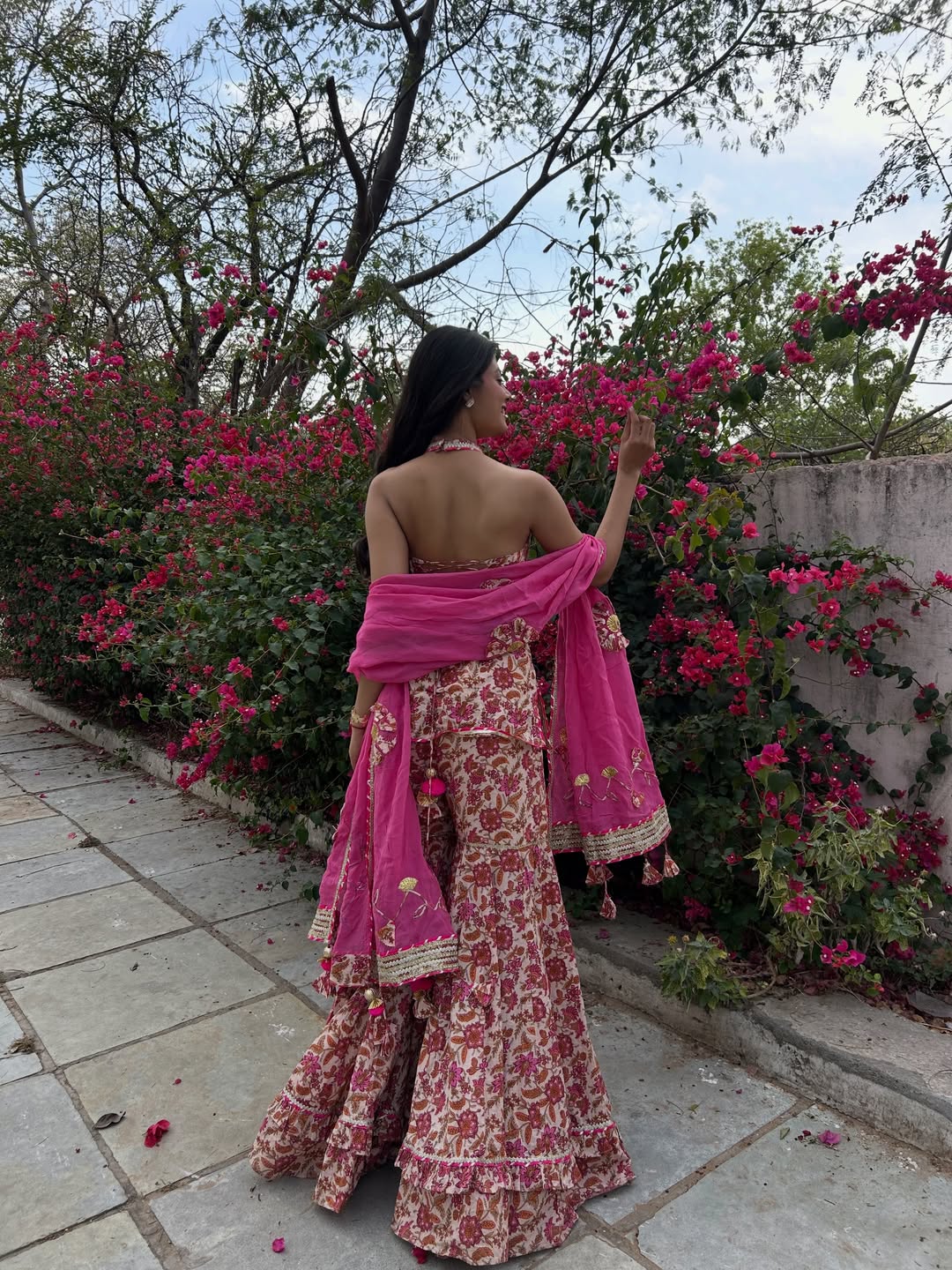 Pink Cotton Floral Sharara Set With Orgaanza Dupatta