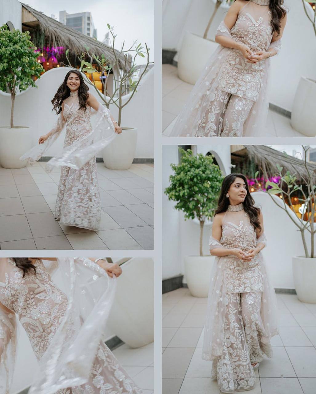 Elegant Off-White Party Wear Sharara Suit with Floral Embroidery