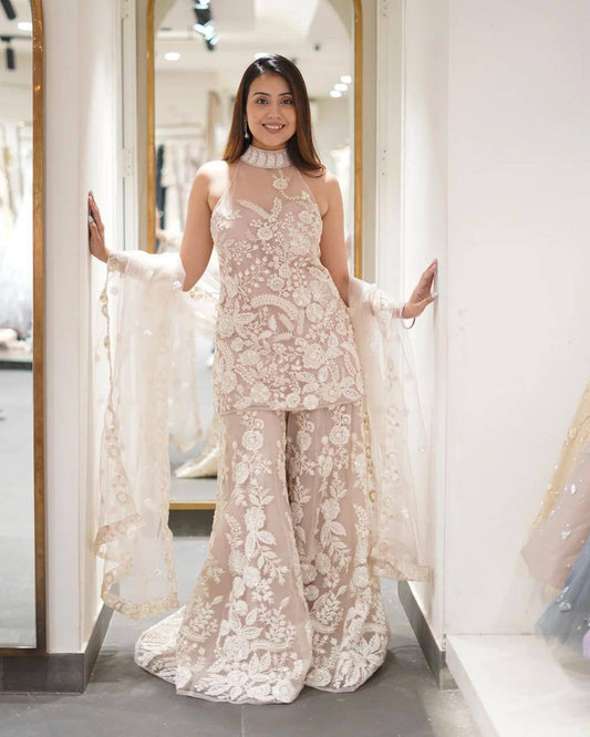 Elegant Off-White Party Wear Sharara Suit with Floral Embroidery