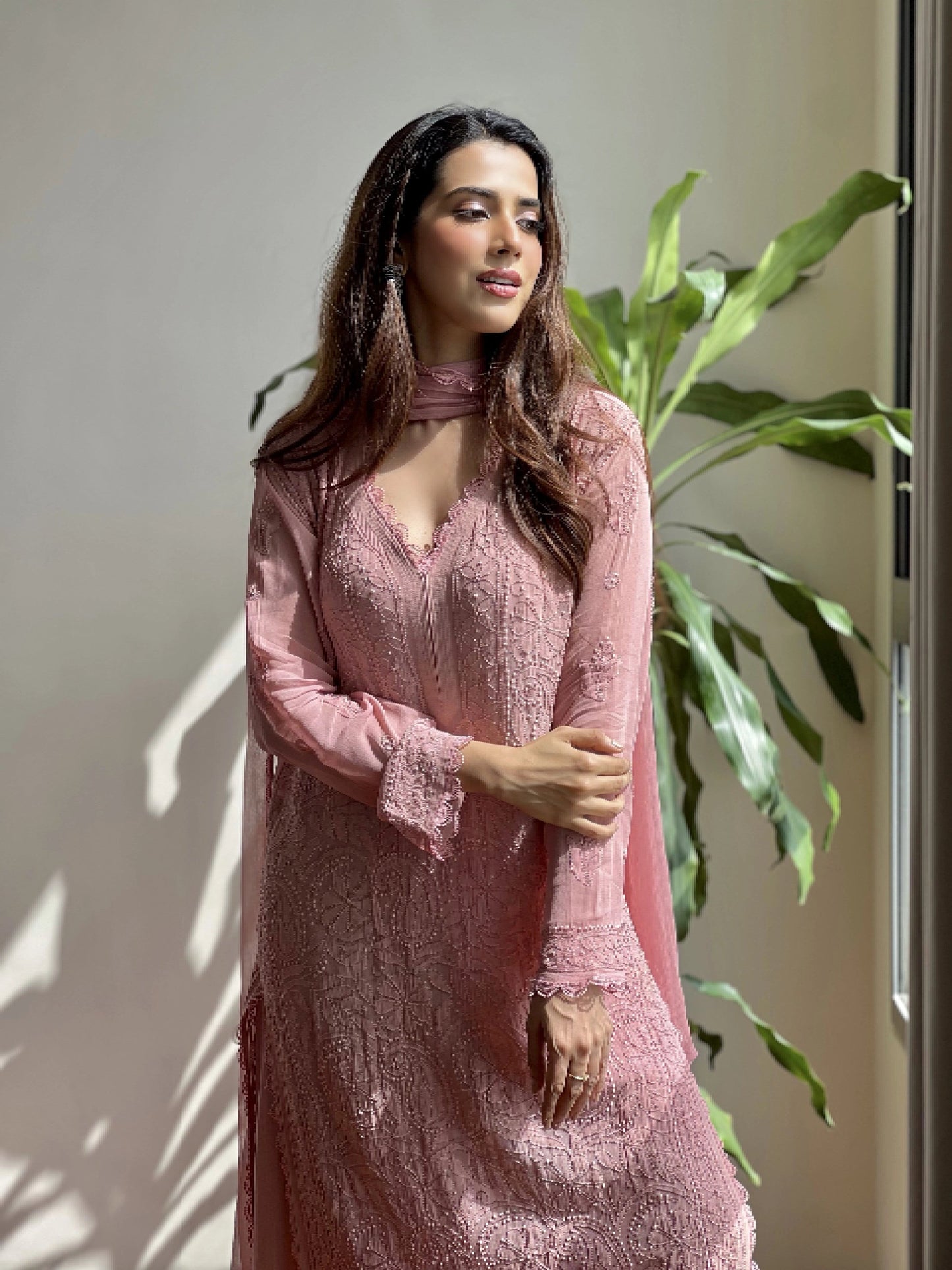 Women's Festive Peach Georgette Chikankari Kurti Set with Dupatta