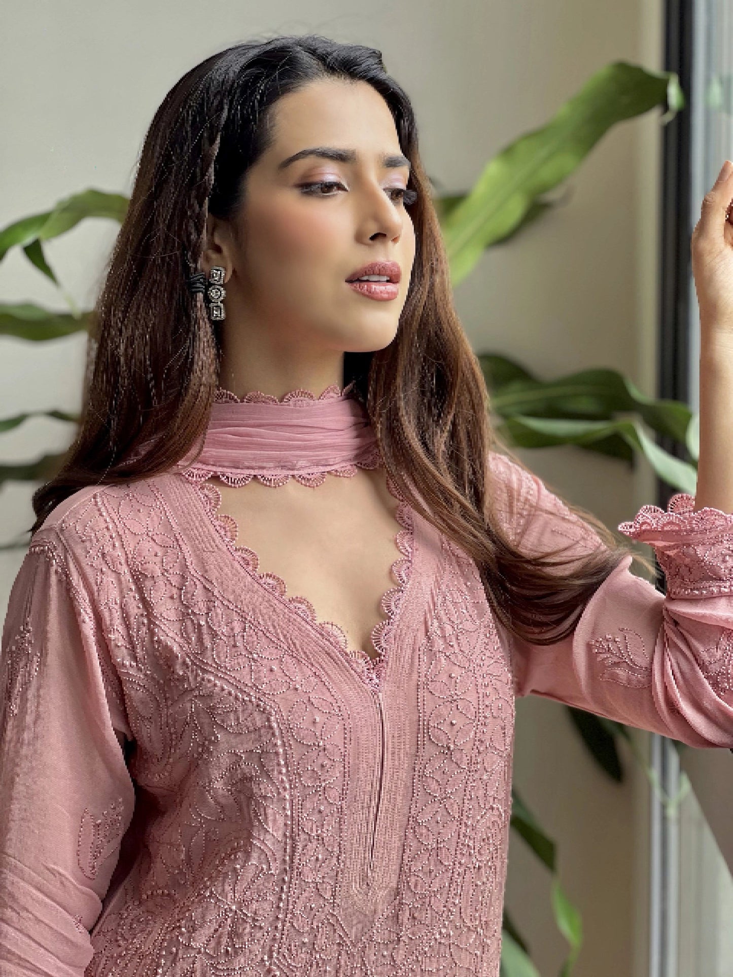 Women's Festive Peach Georgette Chikankari Kurti Set with Dupatta