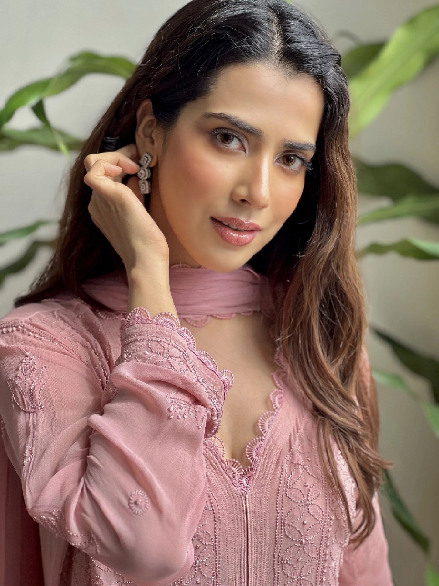 Women's Festive Peach Georgette Chikankari Kurti Set with Dupatta