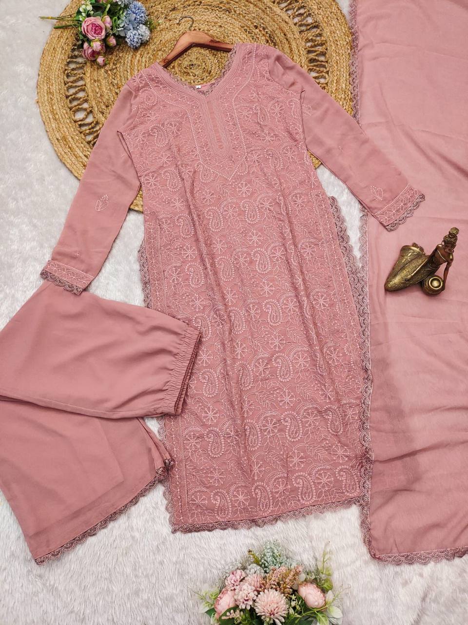 Women's Festive Peach Georgette Chikankari Kurti Set with Dupatta