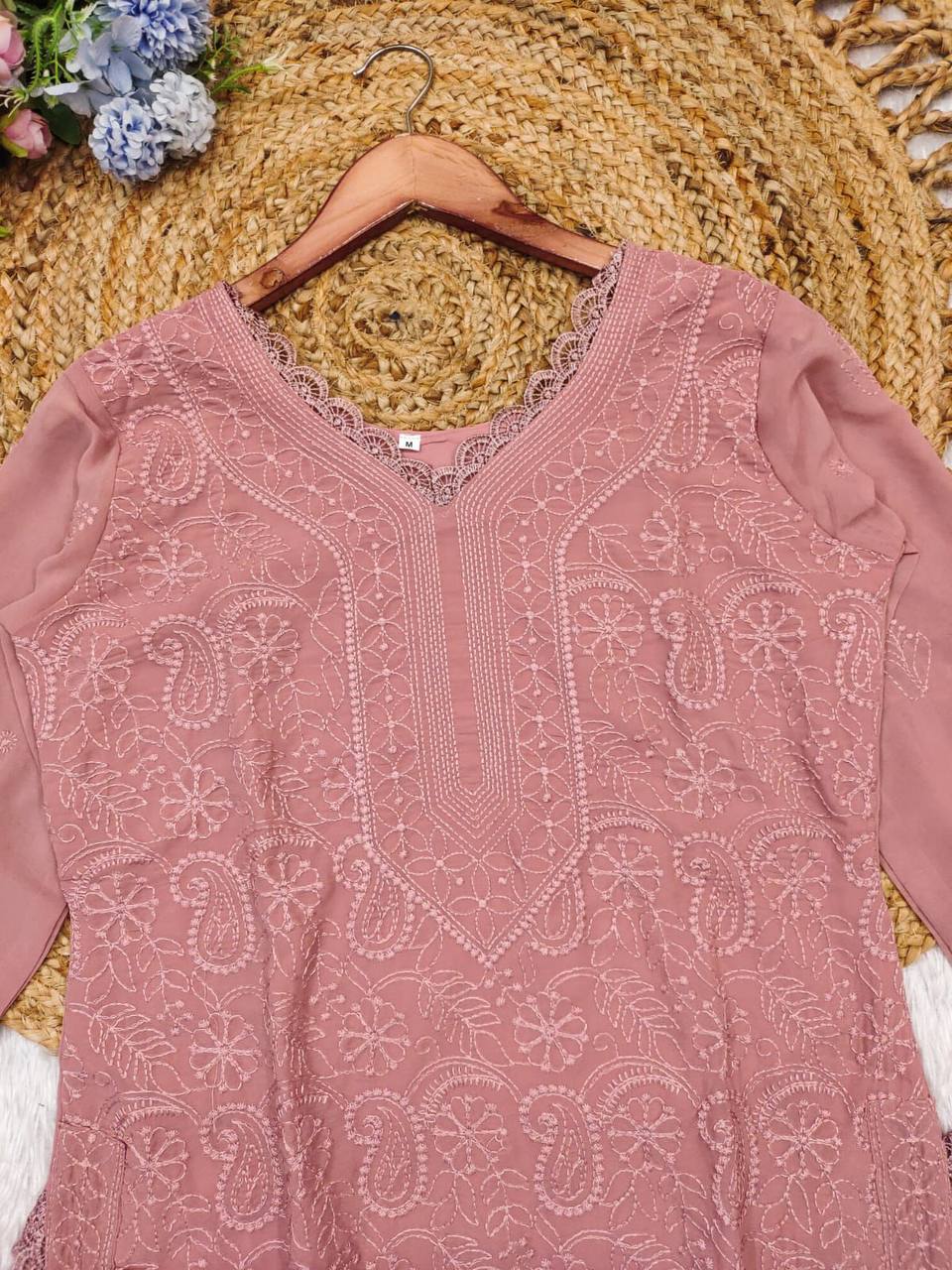 Women's Festive Peach Georgette Chikankari Kurti Set with Dupatta