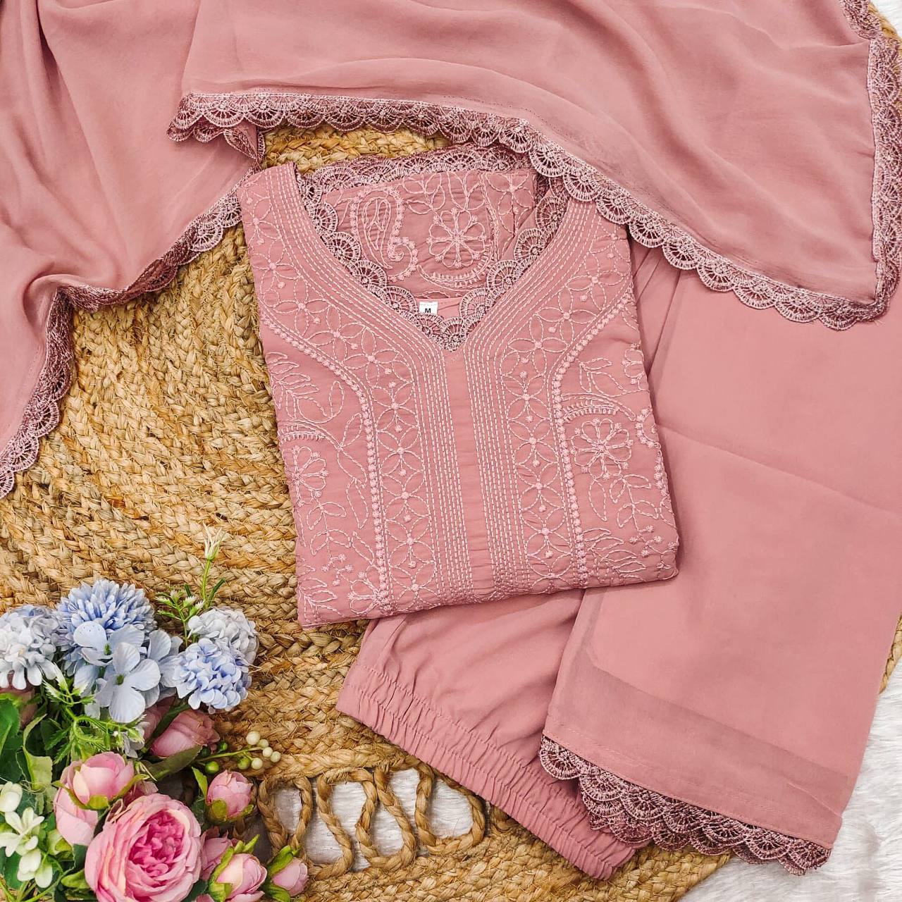 Women's Festive Peach Georgette Chikankari Kurti Set with Dupatta