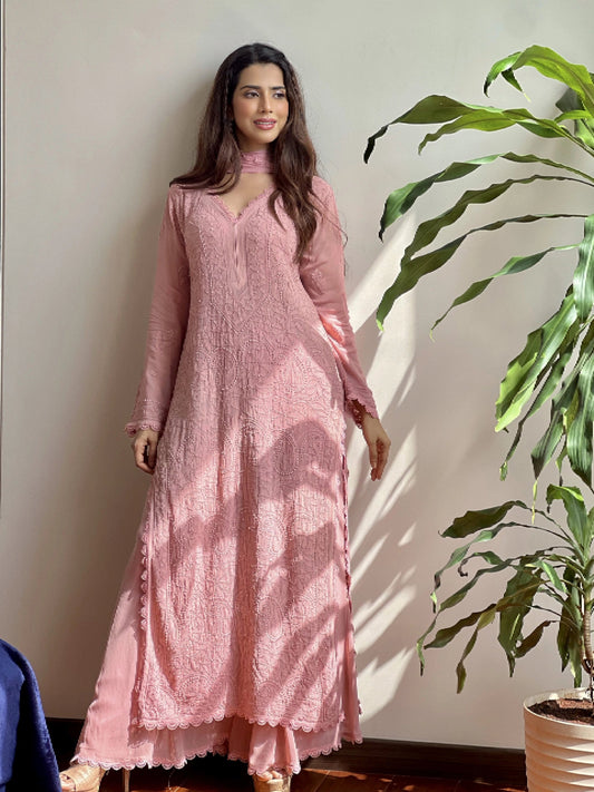 Women's Festive Peach Georgette Chikankari Kurti Set with Dupatta