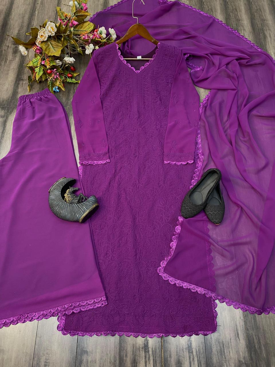 Women's Festive Purple Georgette Chikankari Kurti Set with Dupatta