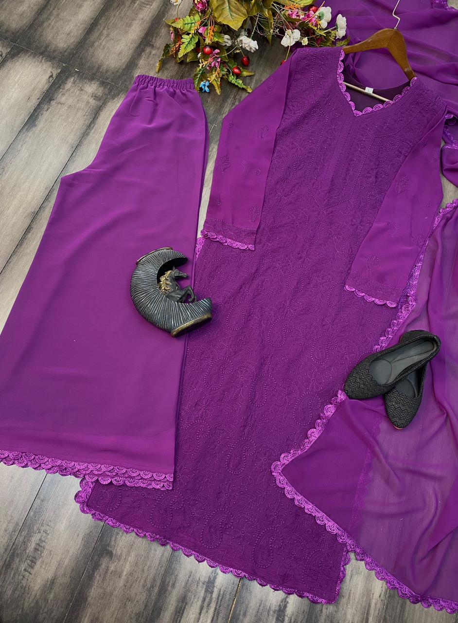 Women's Festive Purple Georgette Chikankari Kurti Set with Dupatta