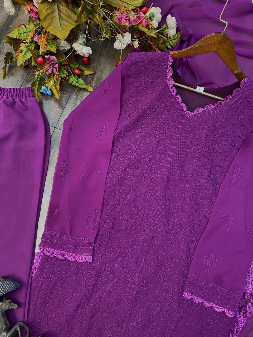 Women's Festive Purple Georgette Chikankari Kurti Set with Dupatta