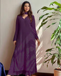 Women's Festive Purple Georgette Chikankari Kurti Set with Dupatta